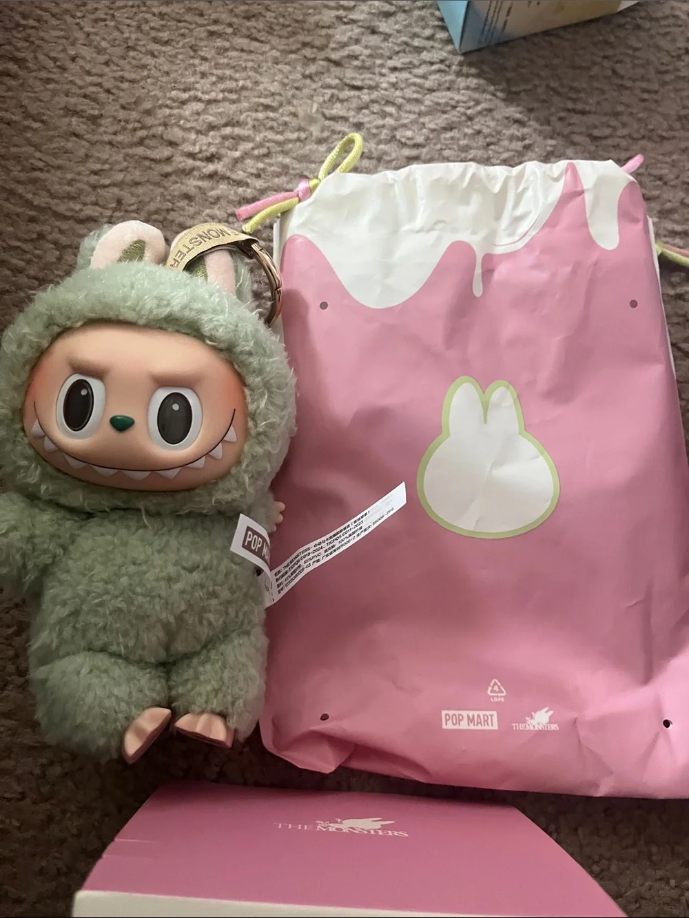 Labubu Green Fuzzy Monster Keychain Plush with Pink Packaging